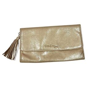 Lilly Pulitzer Metallic Gold Faux Suede Ibiza Tassel Fringe Clutch Bag